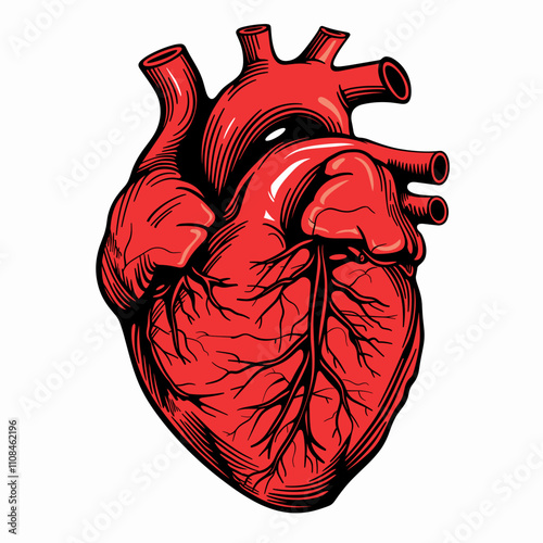 Human heart illustration in detailed anatomical style with vibrant colors for educational use