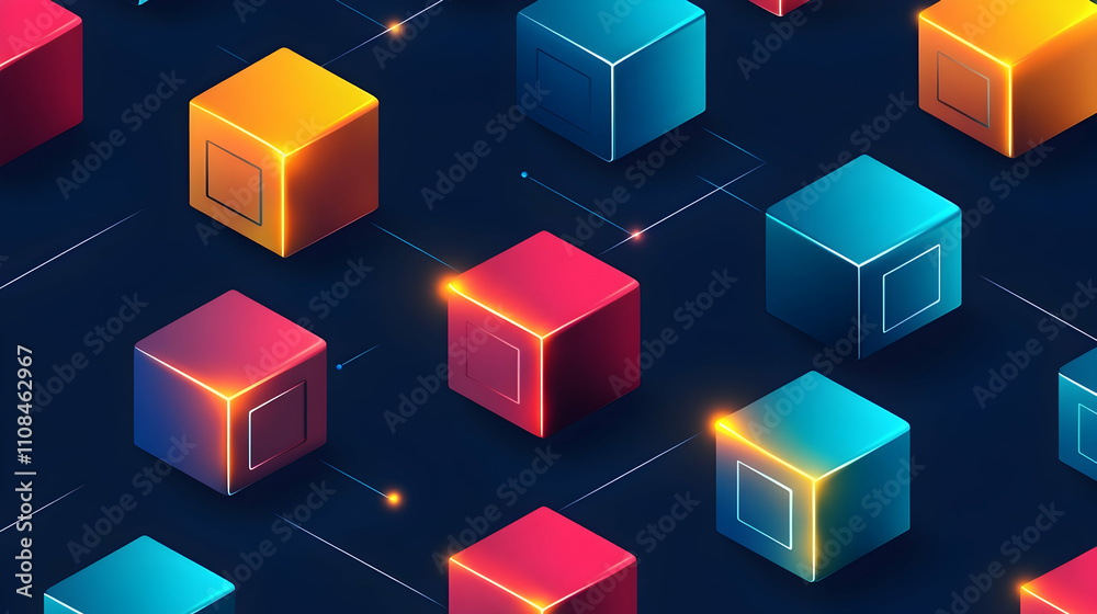 Fototapeta premium Abstract colorful isometric cubes connected by lines on dark background.