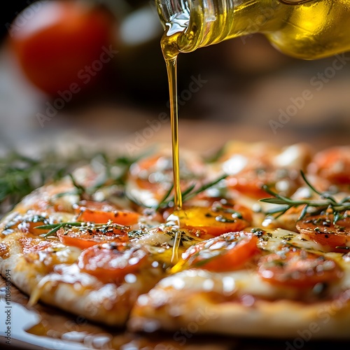 A close-up scene of a drizzle of olive oil being poured over a delicious pizza, adding a glossy finish and enhancing the flavors. photo