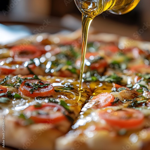 A close-up scene of a drizzle of olive oil being poured over a delicious pizza, adding a glossy finish and enhancing the flavors. photo