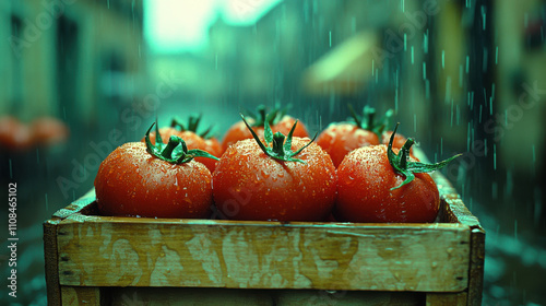 Fresh, wet tomatoes in wooden crate, glistening with raindrops, evoke vibrant market scene. rich red color contrasts beautifully with rainy atmosphere photo