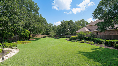 Green large fenced backyard with trees 