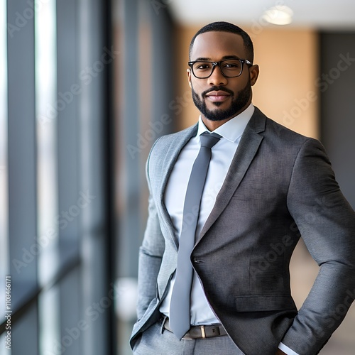 A confident African American businessman in formal wear, captured in a modern office setting. photo