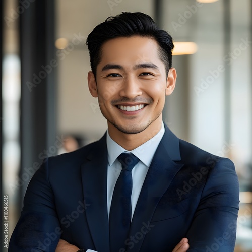 A confident Asian businessman smiling in a modern office setting. photo