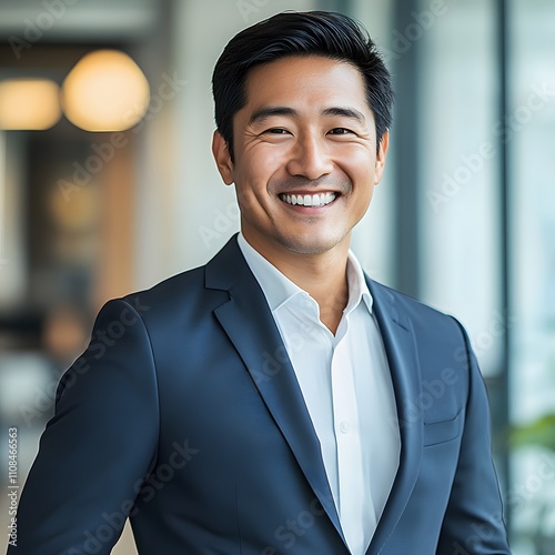 A confident Asian businessman smiling in a modern office setting. photo