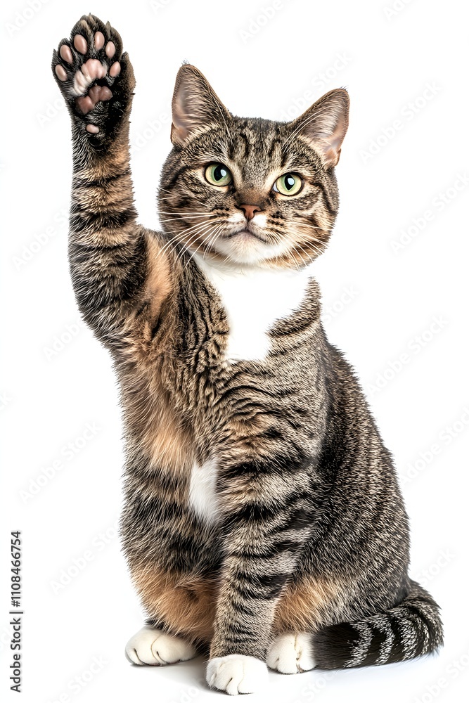 Obraz premium Adorable tabby cat raises its paw in a playful gesture against a clean white background. A cute pet photo.