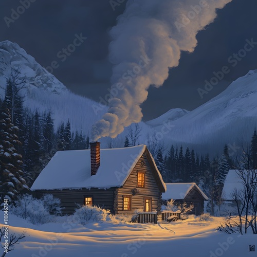 A cozy cabin scene with smoke gently rising from the chimney, creating a warm and inviting atmosphere for a winter vacation. photo