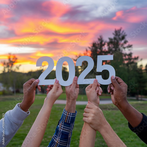 New year 2025. start a new year. hands holding text 2025 at sunset opportunity, challenge and strategy in 2025. plans, goals and visions in business for the new year 2025. new year resolution