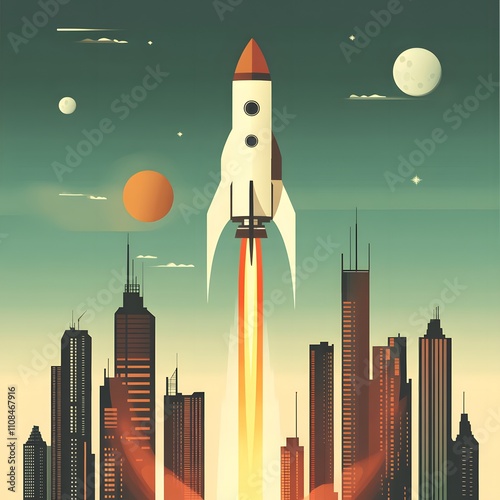 A creative city-themed banner depicting a rocket launch, symbolizing the exciting and dynamic beginning of a startup business. photo