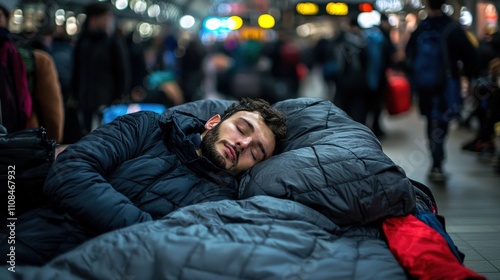 A commuter napping on a luxurious bed in the middle of a busy train station, completely unfazed by the crowd rushing past photo