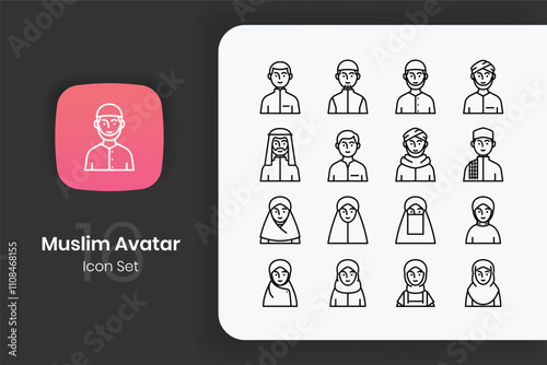 Lineal muslim avatar icon set