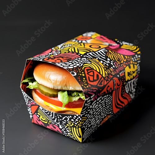 A creatively designed burger wrapper features vibrant graphics and patterns, enhancing the appeal of takeout or fast-food packaging with a unique and artistic touch. photo