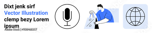 Man carrying shopping bags, microphone icon, globe icon, and text. Ideal for e-commerce, communication, global business, technology marketing podcasting online shopping. Landing page
