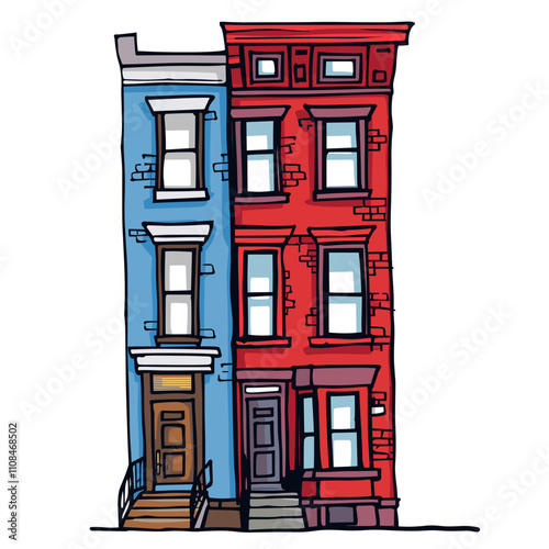 Colorful urban buildings with a vibrant facade in a city neighborhood