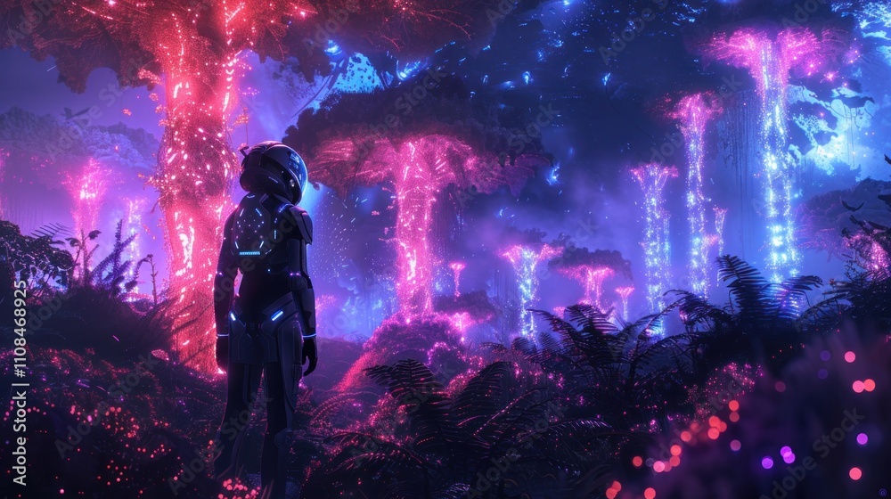 Fototapeta premium A futuristic scene depicting a figure in a vibrant, glowing alien forest.