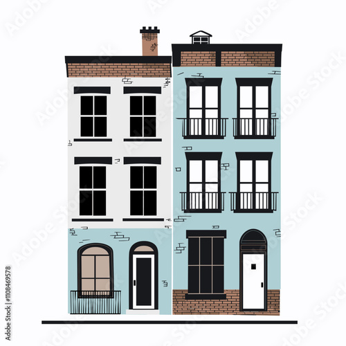 Charming urban buildings with distinct architectural styles in a vibrant neighborhood