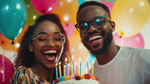 A couple celebrating a birthday with balloons and cake, joyful expressions, vibrant atmosphere photo