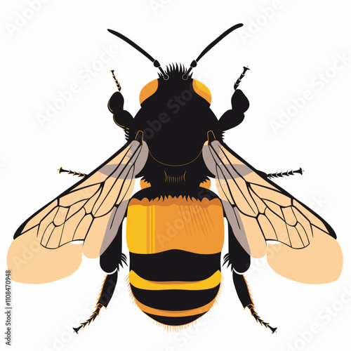 Detailed depiction of a bumblebee against a white background showcasing its features