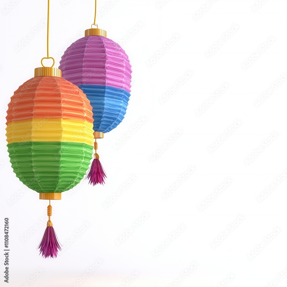 Obraz premium Colorful paper lanterns hang, showcasing vibrant hues of purple, pink, orange, and green, adding a festive touch to any celebration. isolated on white background