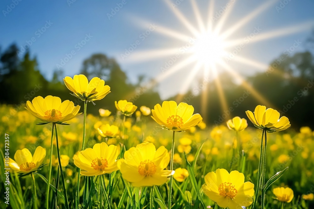 Fototapeta premium A vibrant field of yellow flowers under a bright sun, evoking a sense of joy and nature.