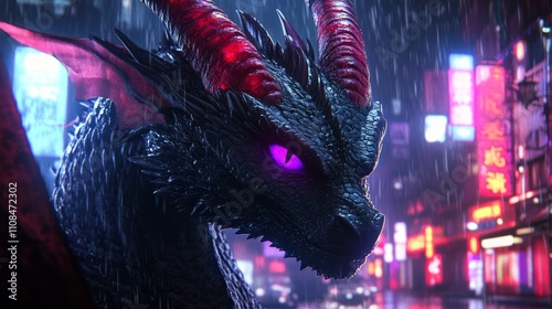 A dark fantasy-style dragon with glowing red eyes and purple horns, black scales, and a night city background. Evil Purple Red Monster Character design art, void demon creature arcane arcanist photo