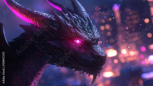 A dark fantasy-style dragon with glowing red eyes and purple horns, black scales, and a night city background. Evil Purple Red Monster Character design art, void demon creature arcane arcanist photo