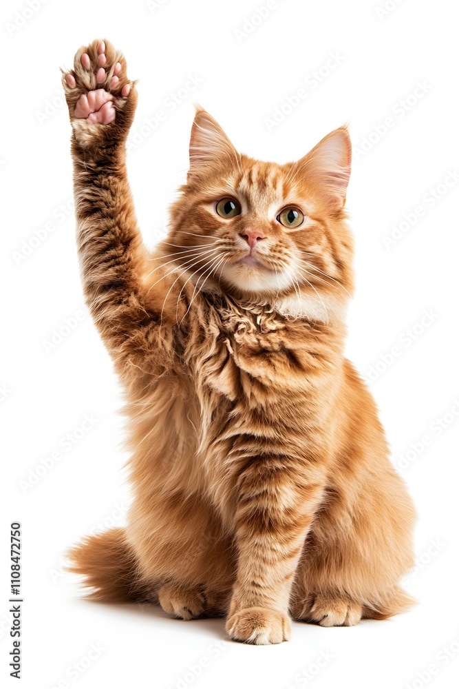 Obraz premium Adorable ginger cat raises its paw, a heartwarming image full of playful charm and fluffy cuteness. Perfect for pet lovers!
