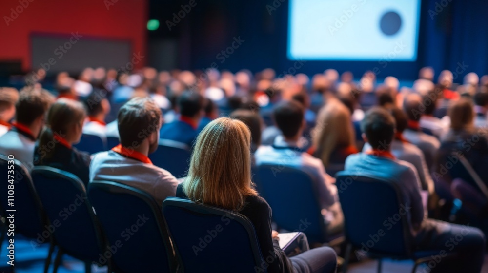 © Vader Stocker - Audience of people seated in a conference room, focused on a woman in the center.