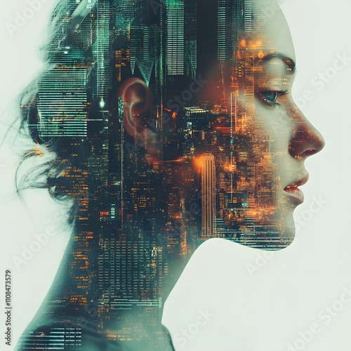 A double exposure image of a woman’s face combined with a cityscape and data elements, representing futuristic and innovative technology concepts. photo