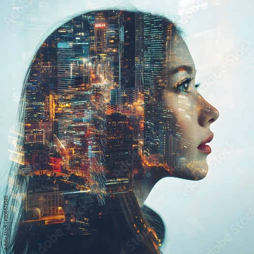 A double exposure image of a woman’s face combined with a cityscape and data elements, representing futuristic and innovative technology concepts. photo