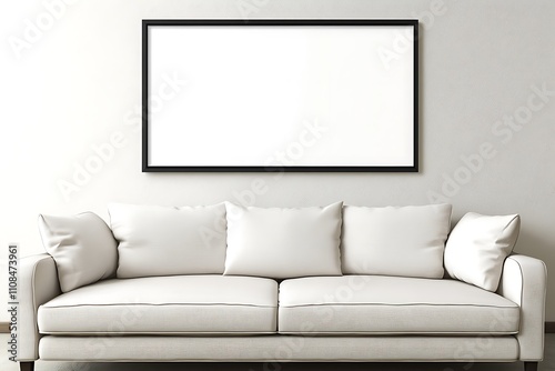 A modern living room scene featuring a cozy white sofa against a plain wall, with an empty frame above, offering a minimalist aesthetic.