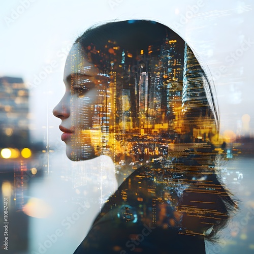 A double exposure image showcases a woman overlaid with a cityscape and data patterns, symbolizing the intersection of urban life and digital information. photo