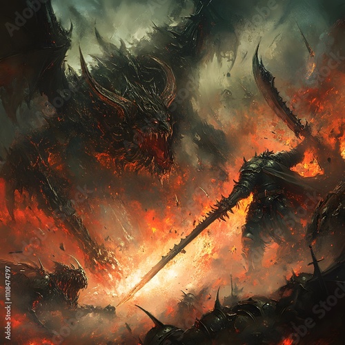 A dramatic fantasy scene depicting a fierce battle between a knight and demonic creatures. photo