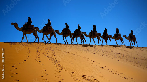 group of travelers riding camels in the desert