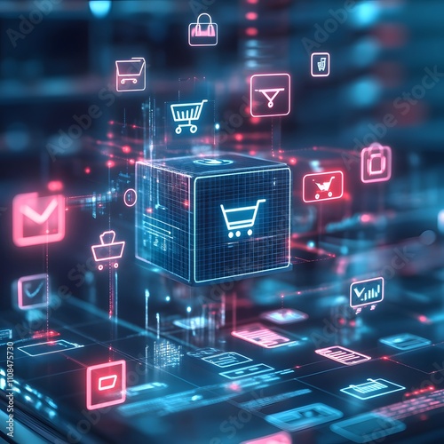 A dynamic digital scene illustrating online shopping growth with a flipping cube displaying a graph and shopping cart icons, symbolizing increased sales and business expansion. photo