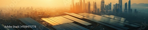 Futuristic city skyline, extensive solar panels. photo