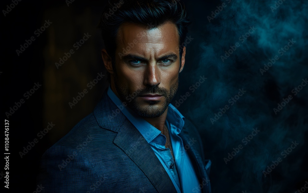 Stylish portrait of a confident man in a suit with smoke in a dark studio, featuring an elegant and vintage look Stylish portrait of a confident man in a suit with smoke in a dark studio, featuring an elegant and vintage look