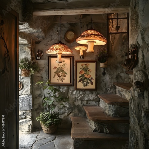 A fairytale-inspired mushroom cottage featuring mushroom-shaped lamps that cast a warm glow on rustic stone walls adorned with botanical prints, blending whimsical design with cozy, natural elements. photo