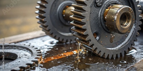 Dynamic and intricate image of two interlocking gears splashed with oil, representing industrial machinery and the importance of lubrication in mechanical operations