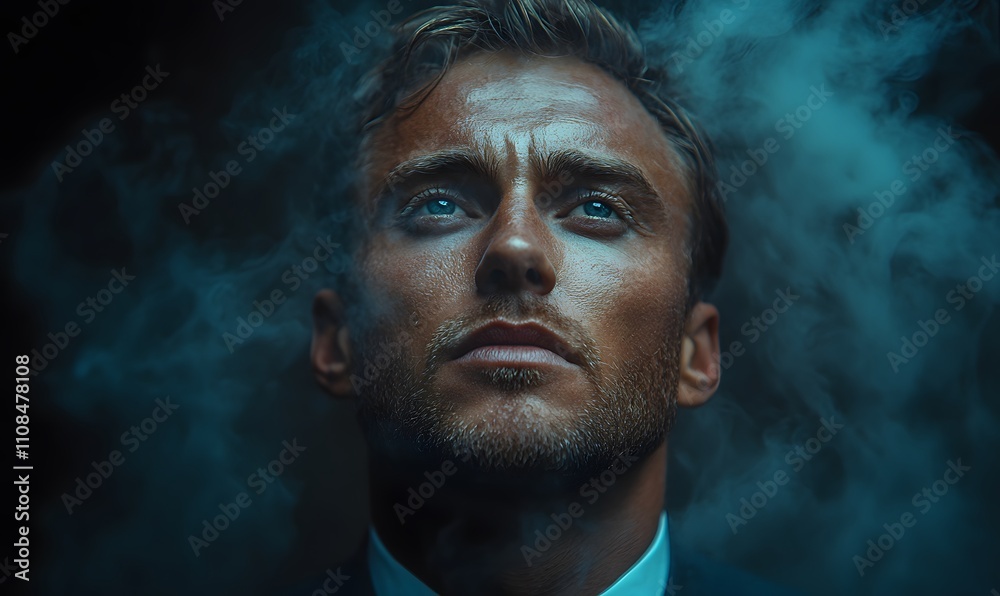 Stylish portrait of a confident man in a suit with smoke in a dark studio, featuring an elegant and vintage look Stylish portrait of a confident man in a suit with smoke in a dark studio, featuring an elegant and vintage look
