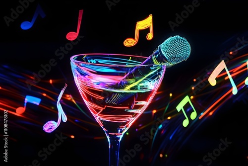 A colorful cocktail glass illuminated with neon lights, accompanied by a microphone and music notes on a dark black background.