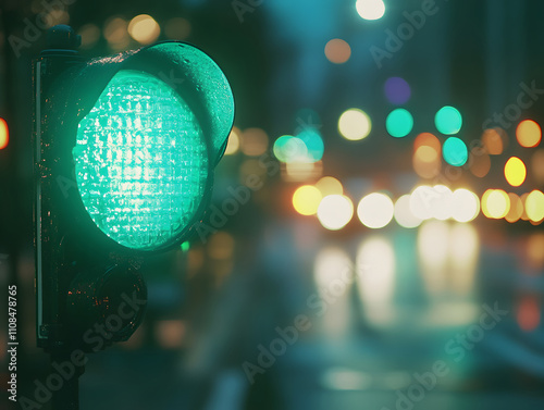 A green traffic light glows in a rainy urban setting, signaling vehicles to proceed. photo