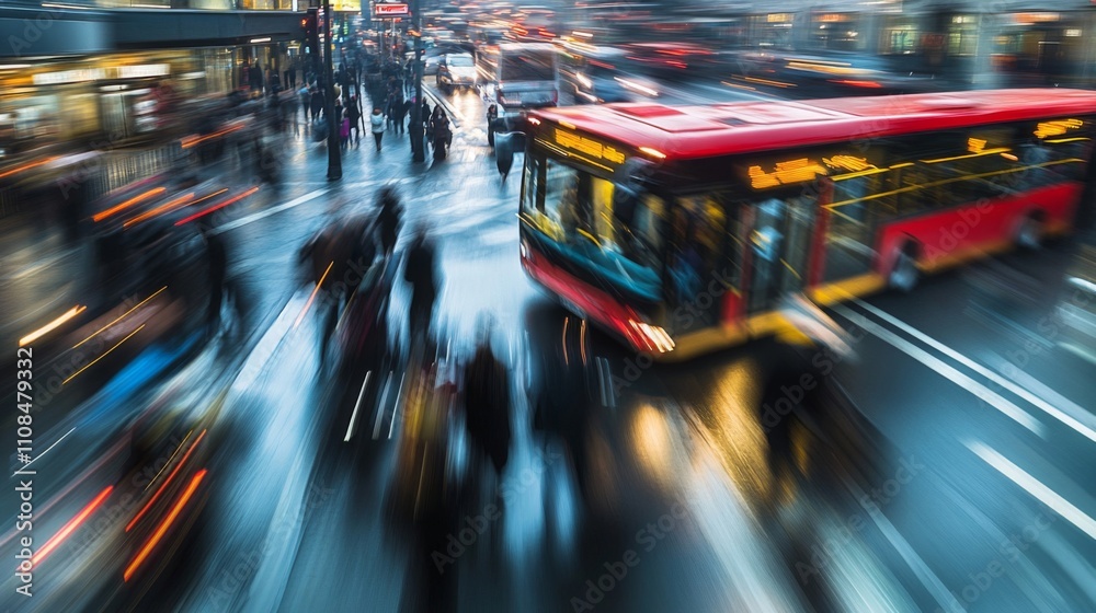 Blurred Cityscape with a Red Bus in Motion Blurred Cityscape with a Red Bus in Motion