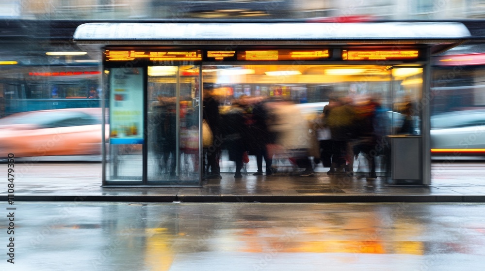 Fototapeta premium Blurred Passengers Waiting in a Bus Shelter on a Rainy Day