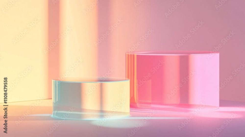 Two Clear Glass Cylinders on Pastel Pink and Yellow Background Two Clear Glass Cylinders on Pastel Pink and Yellow Background