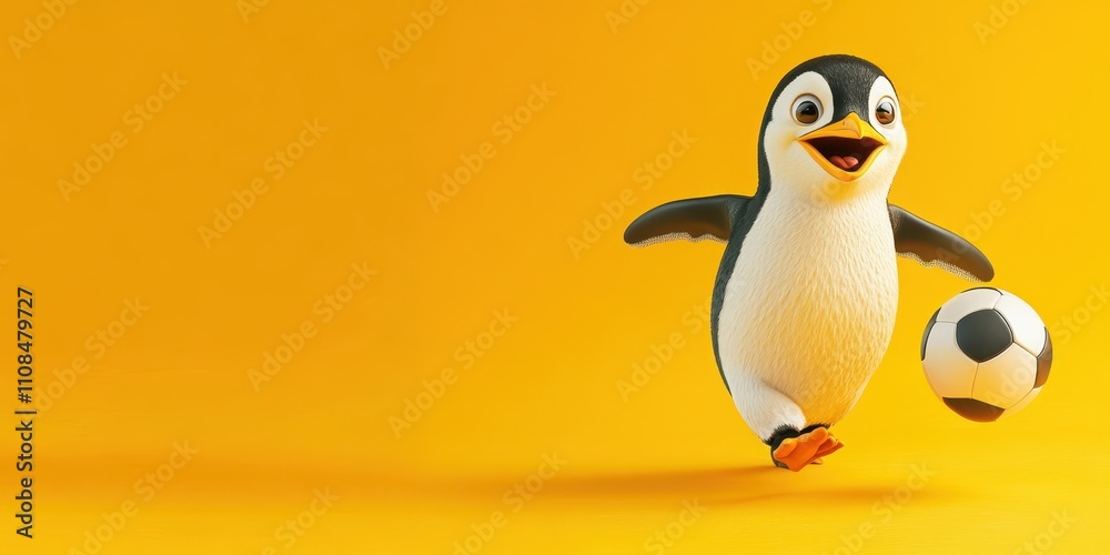 Obraz premium Playful Penguin Athlete - Cute Antarctic Bird in Football Jersey Running with Ball on Vibrant Yellow Background