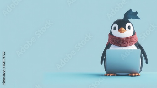 Cozy Remote Work Companion - Cute Penguin in Scarf with Desktop Monitor on Icy Blue Background