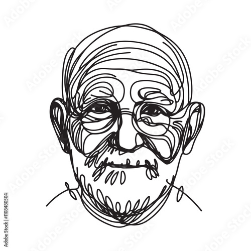 One continuous single drawing black line art doodle of an elderly person with wrinkles and wise, kind eyes, illustration on white background