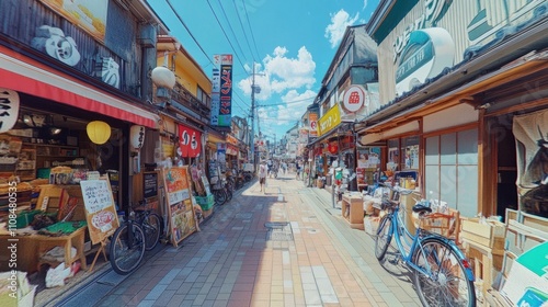 A vibrant Google Street View scene capturing a bustling Japanese street lined with traditional shops, colorful signs, and bicycles.