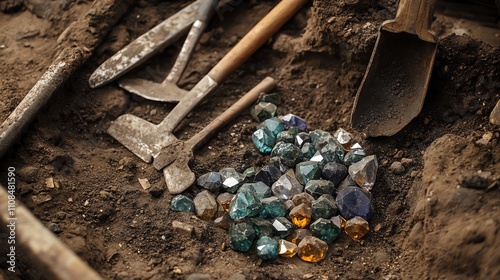 Collection of sparkling gemstones unearthed from soil with tools.
